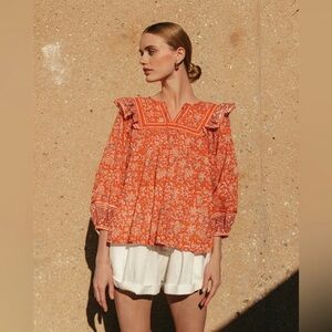 Cleobella Mylah Blouse Red Floral Boho Peasant Top Size Large